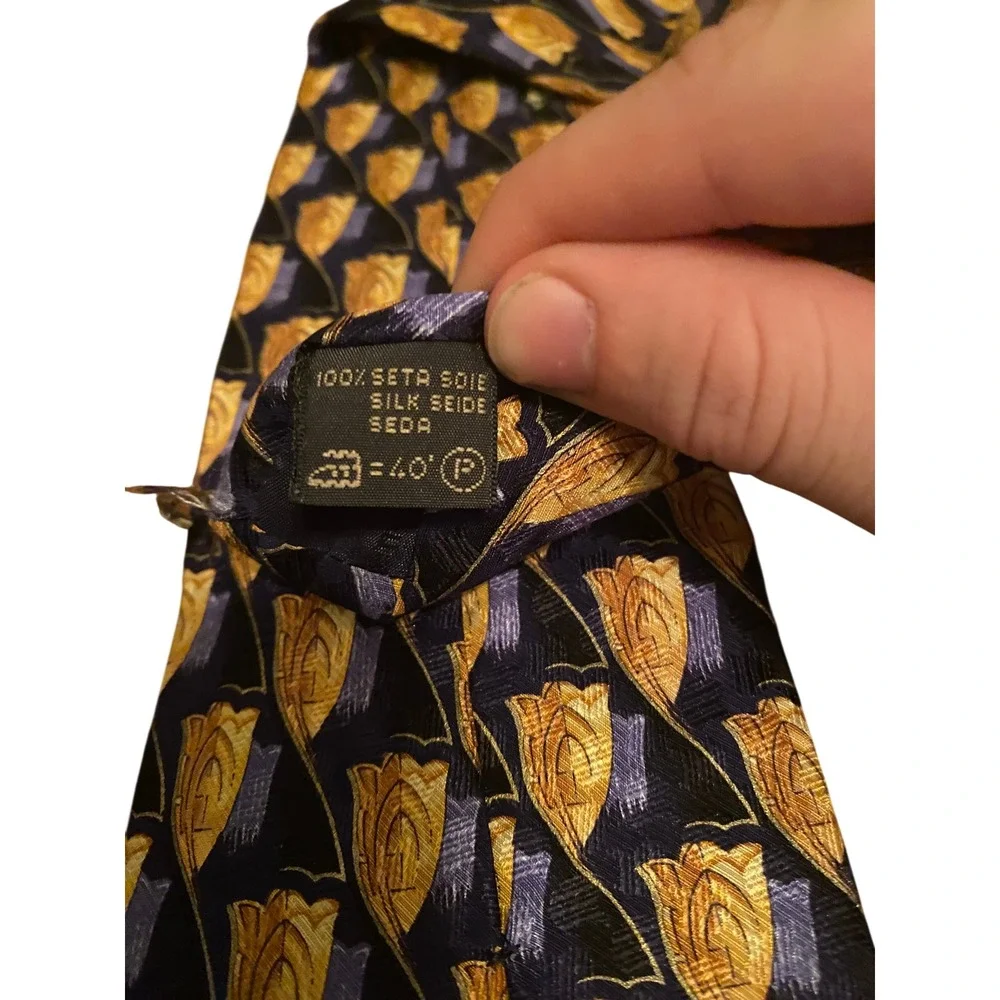 Ermenegildo‎ Zegna Mens Silk Tie Navy Blue Gold Floral Tulip Made in Italy 2405